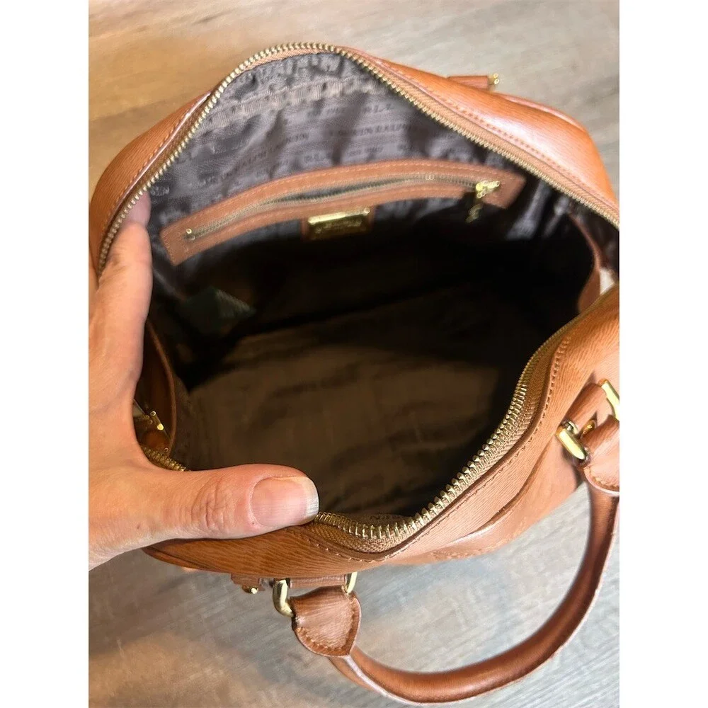 Lauren Ralph Lauren Dome Satchel Top Handle Bag Brown Cognac Gold Crest